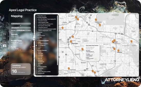 AttorneyLIENQ Provider Mapping: participating providers on a map, filterable by location, specialty, provider, and funder