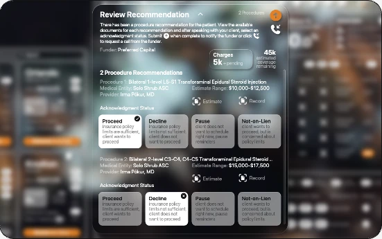 AttorneyLIENQ Review Recommendation with two procedure recommendations and acknowledgment options that communicate the client's decision: proceed, decline, pause, not on lien