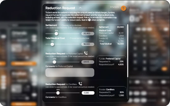 AttorneyLIENQ Reduction Request with settlement, total medical cost, and reduction requests per funder