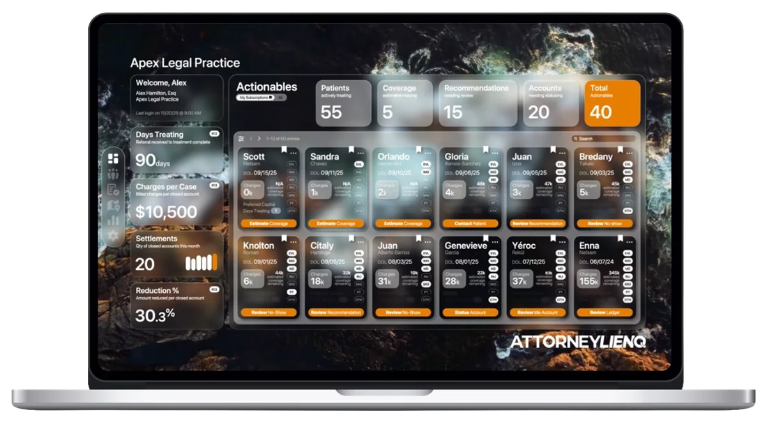 AttorneyLIENQ on a laptop: the Actionables view for a law firm, with patients actively treating, coverage estimates missing, recommendations needing review, accounts needing statusing, and PatientCards with their next action