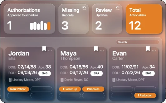 ProviderLIENQ+ Actionables: Authorizations, missing records, review updates, and total Actionables above PatientCards with next-step pills