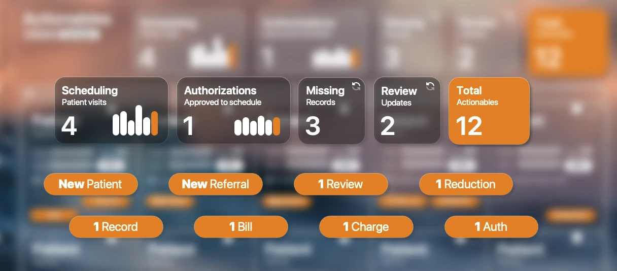 ProviderLIENQ+ Actionables with Scheduling, Authorizations, Missing, Review, and Total counts and the action queue pills in focus