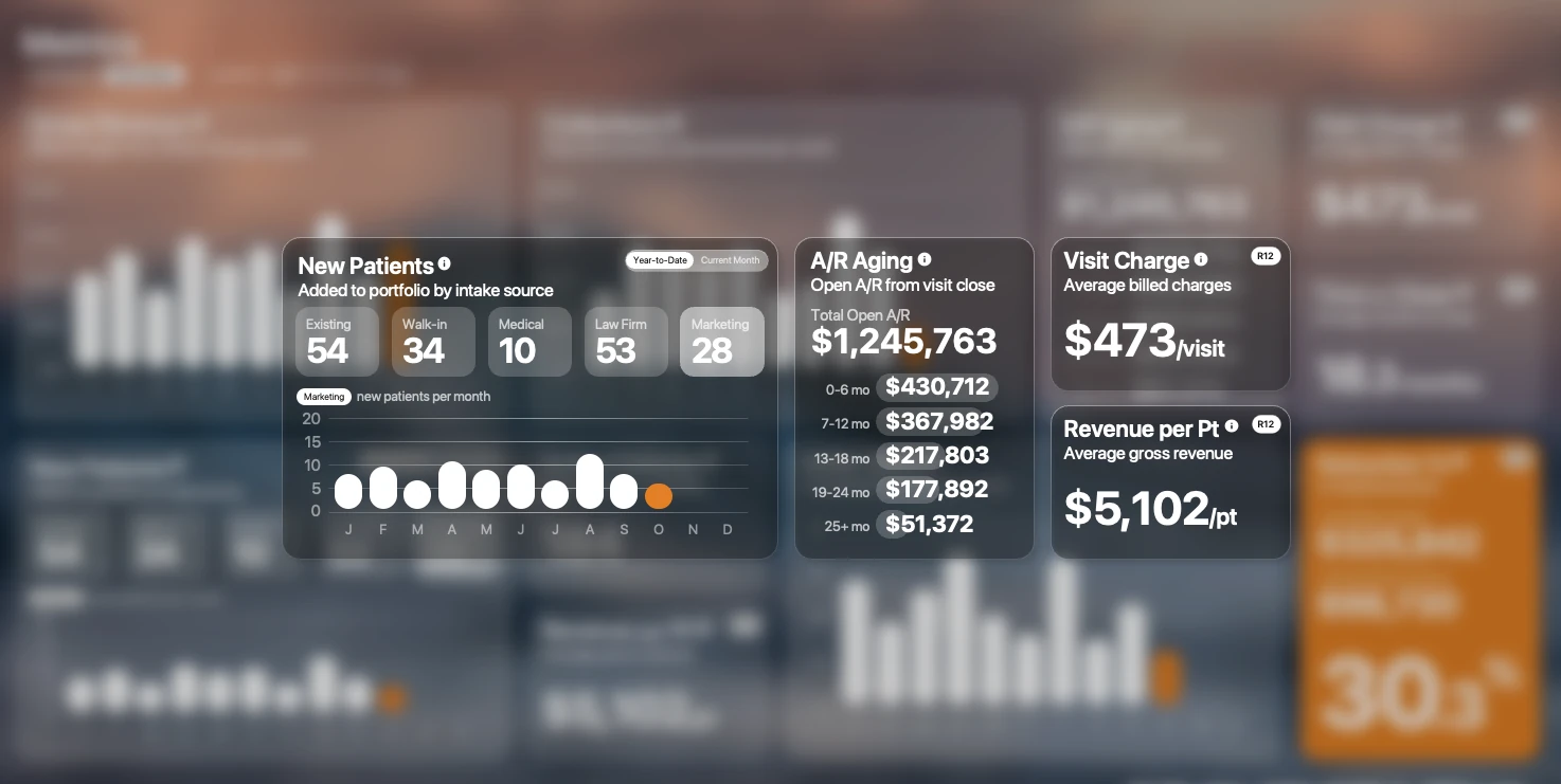 ProviderLIENQ+ metrics with New Patients, A/R Aging, Visit Charge, and Revenue per Patient in focus