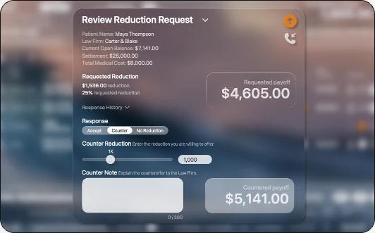 ProviderLIENQ+ Review Reduction Request with requested payoff, counter, and countered payoff
