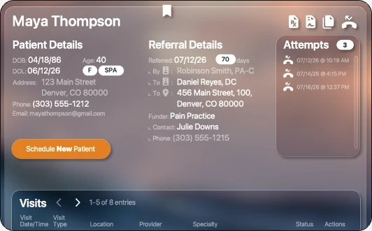 ProviderLIENQ+ Scheduling: patient details, referral details, logged outreach attempts, and the visits list